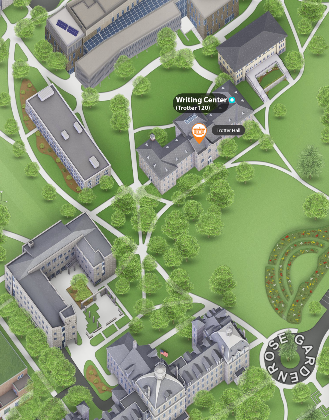 Campus map detail showing Trotter Hall and the Writing Center (Trotter 120) on the east end of the ground floor.