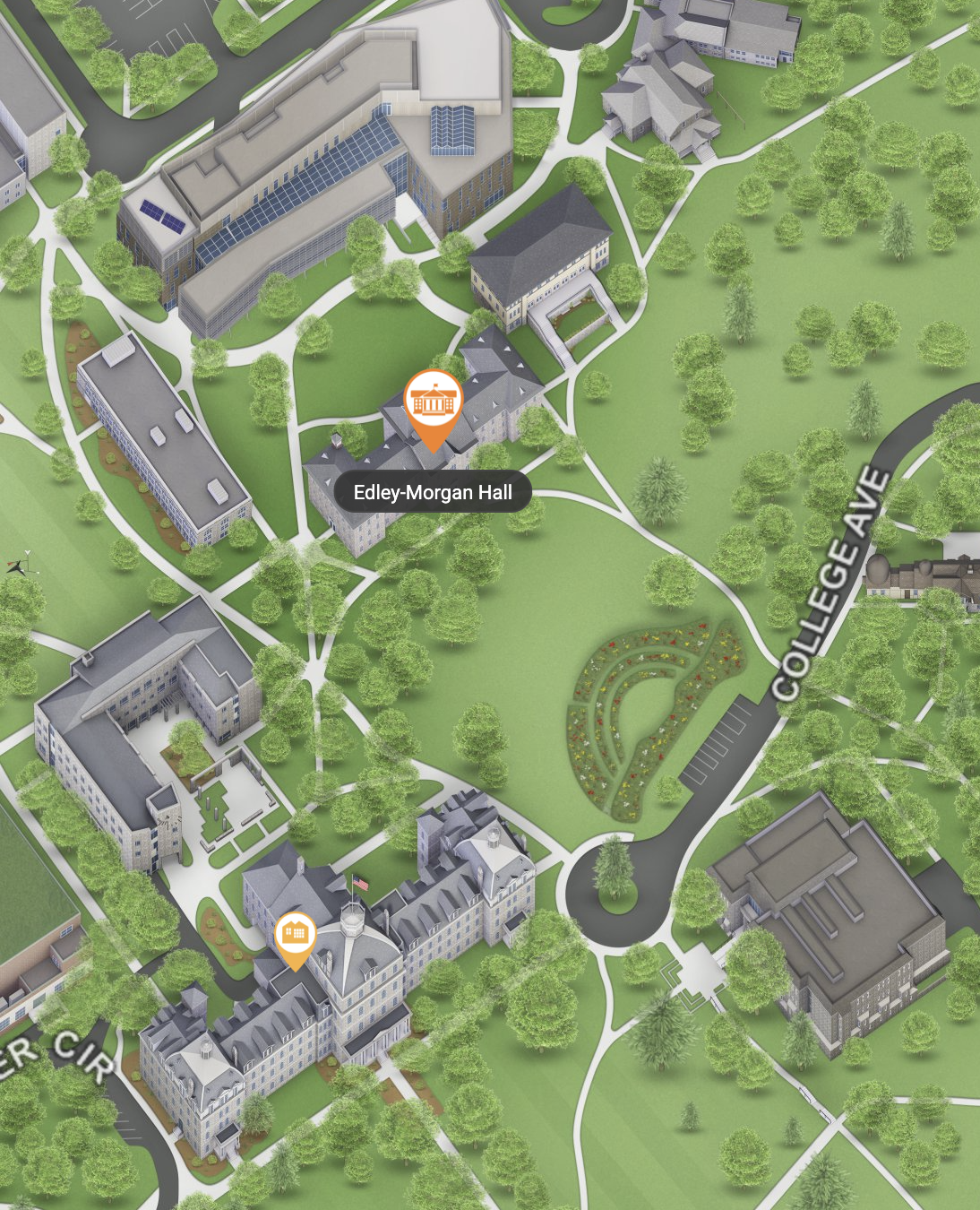 A section of the Swarthmore College campus map, showing Edley-Morgan Hall (in which the Writing Center is located in room 120) to the northeast of Parrish Hall. Edley-Morgan Hall is east of Kohlberg and Beardsley Halls, south of Singer Hall, and west of Pearson Hall.
